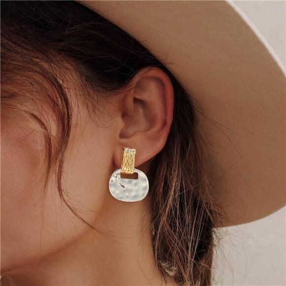 🌿 Two-Tone Hammered Drop Earrings | Elegant Brass Dangle Jewelry 🌿 - Picture 5 of 5